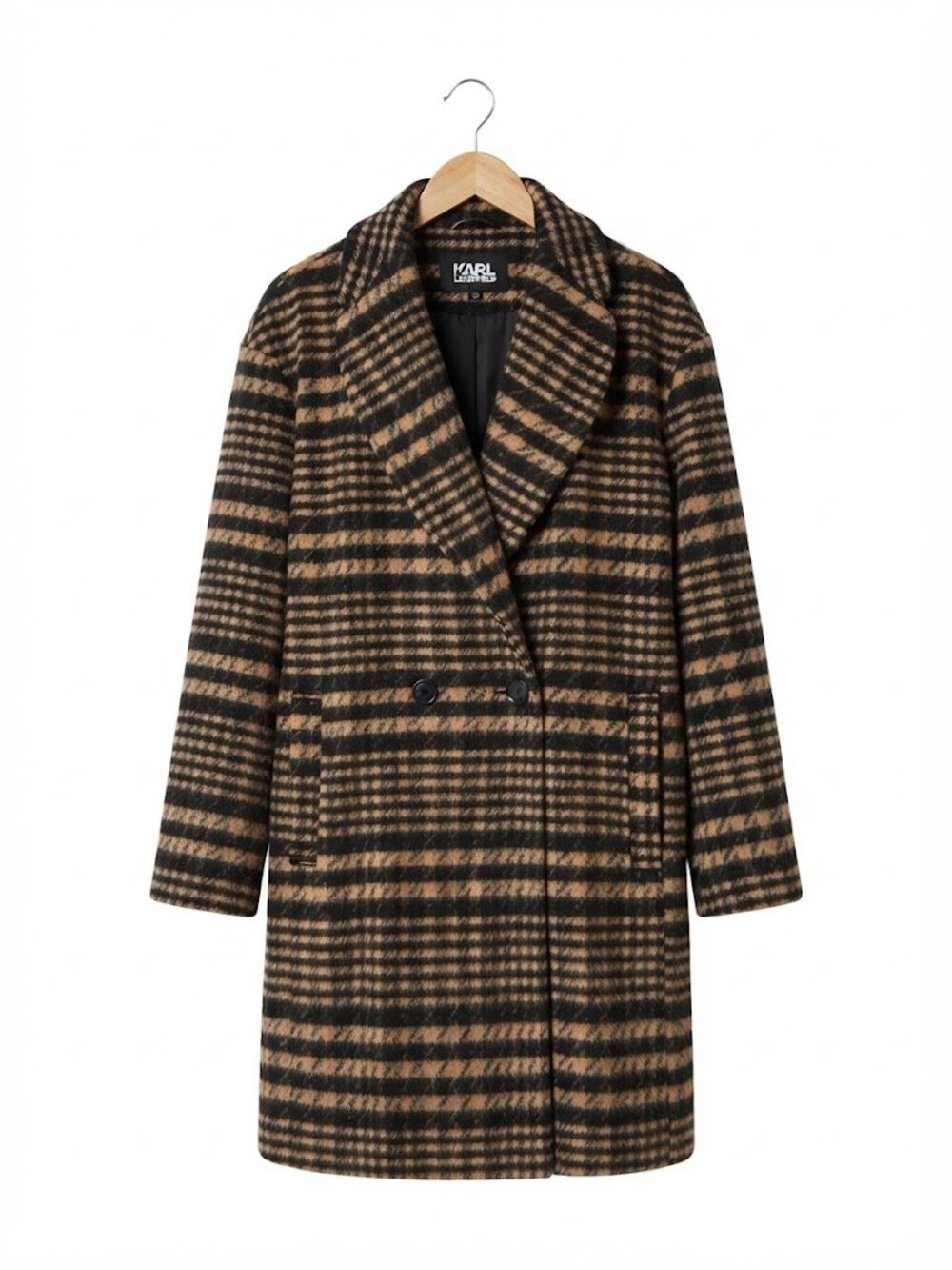 Bagatelle Collection Black & Tan Plaid Wool Blend Mid-Length Coat